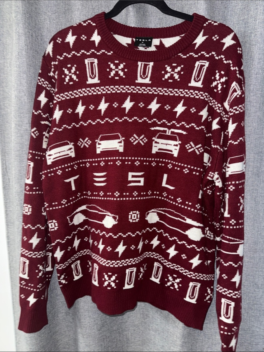 Limited edition Tesla Men's Maroon and White Crewneck Knit X-mas Sweater